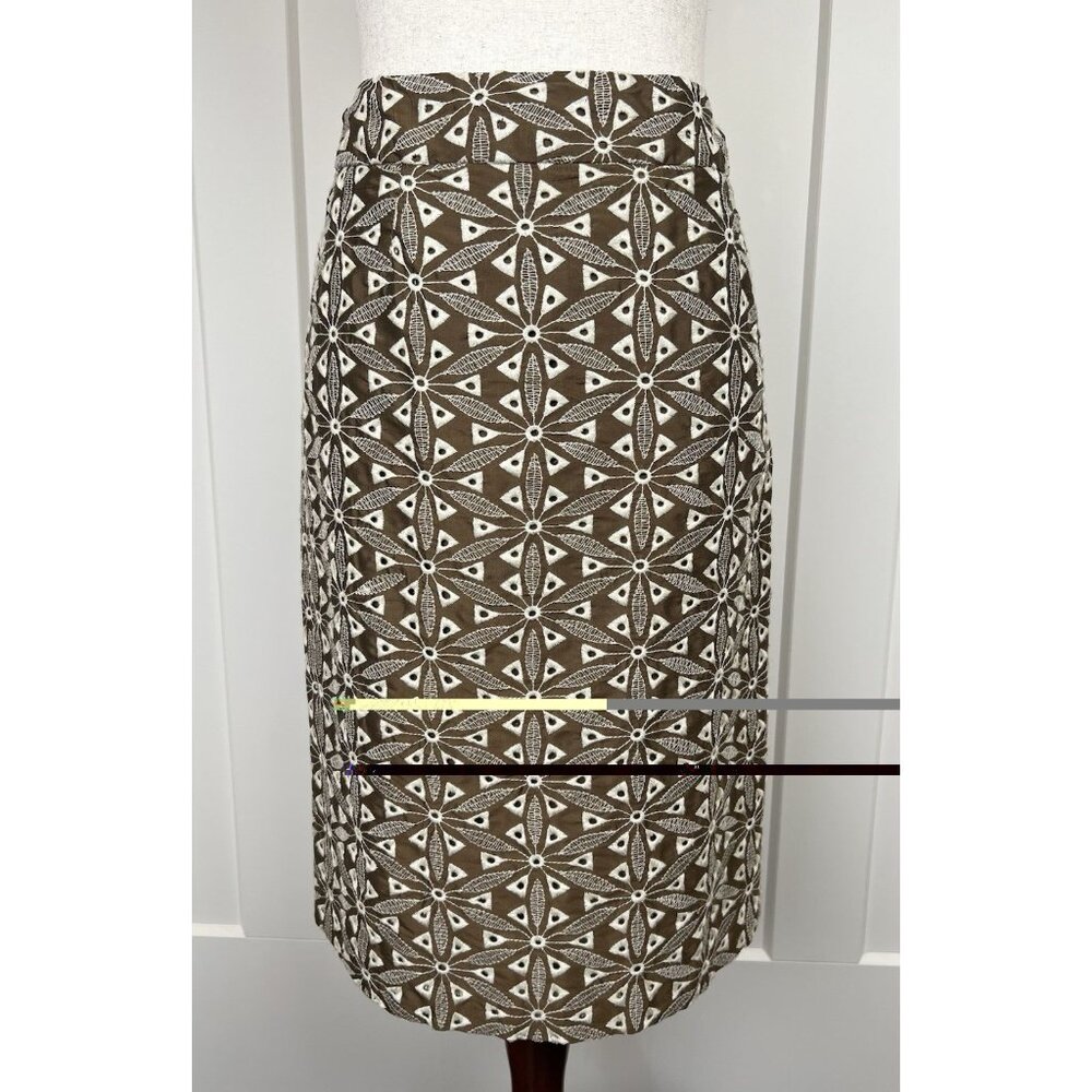 Vintage Harold's Silk Embroidered Pencil Skirt Brown Ivory Geometric Lined Sz 4